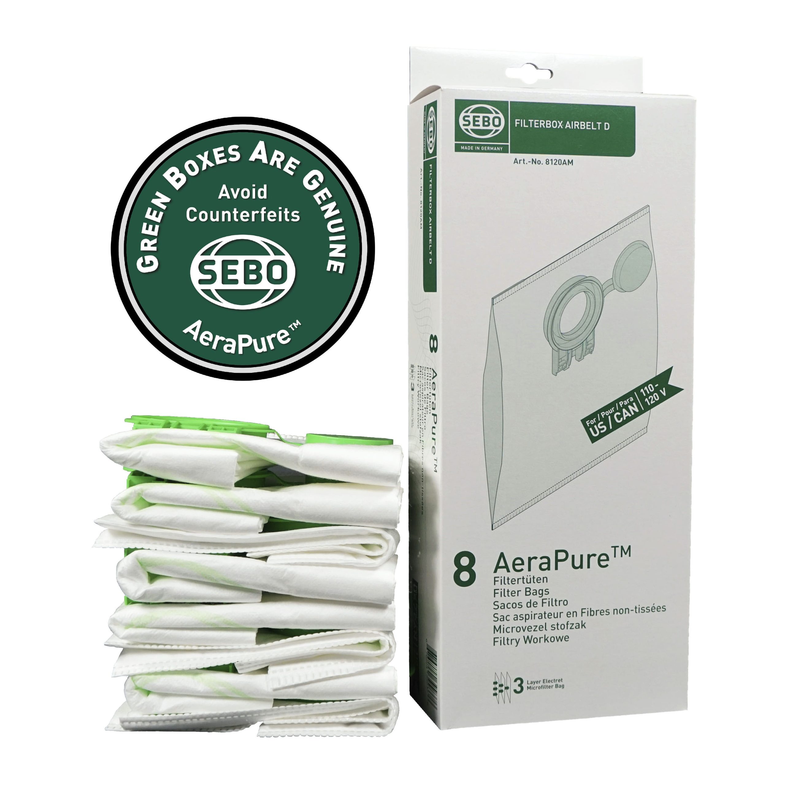 Sebo D4 Model Ultra Filter Bag Box for D Series Vacuum, 8-Pack